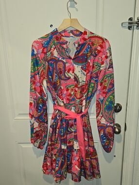 Vibrant Pink Paisley Tie-Waist Women's Dress